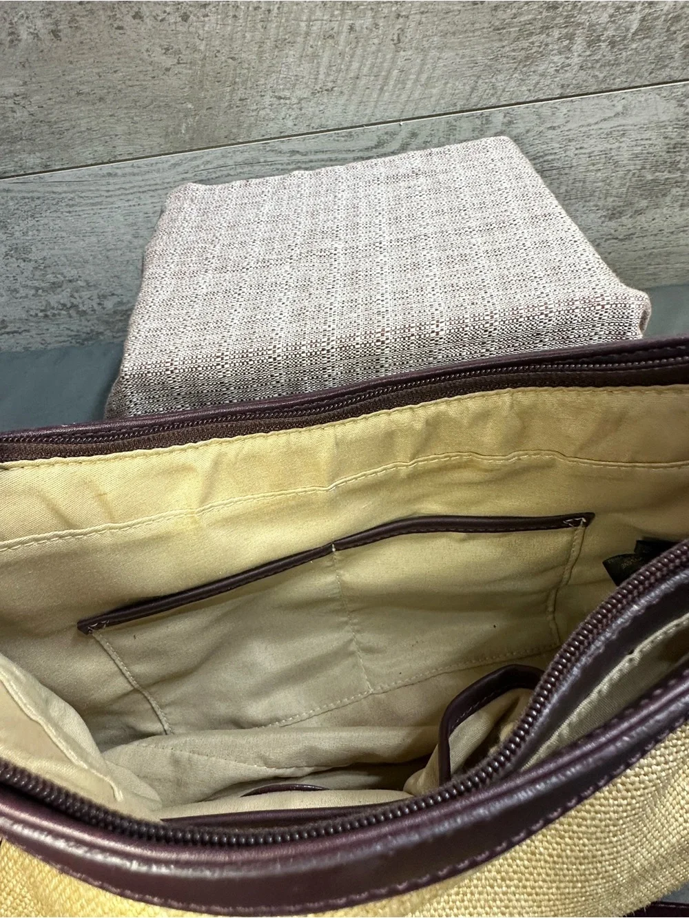VTG Etienne Aigner Light Tan Woven Fabric & Brown Leather Shoulder Bag Purse